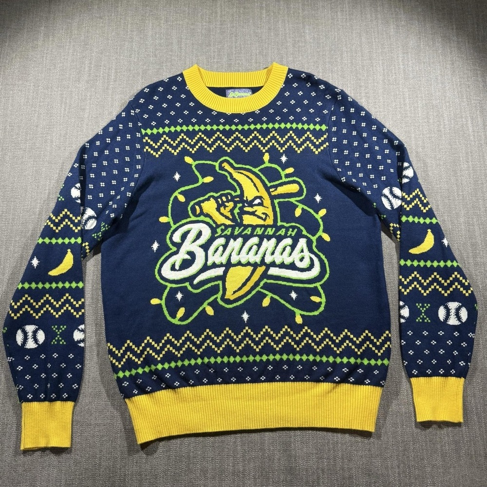 Savannah Bananas Sweater Mens XL Blue Baseball Go Bananas Ugly Christmas
